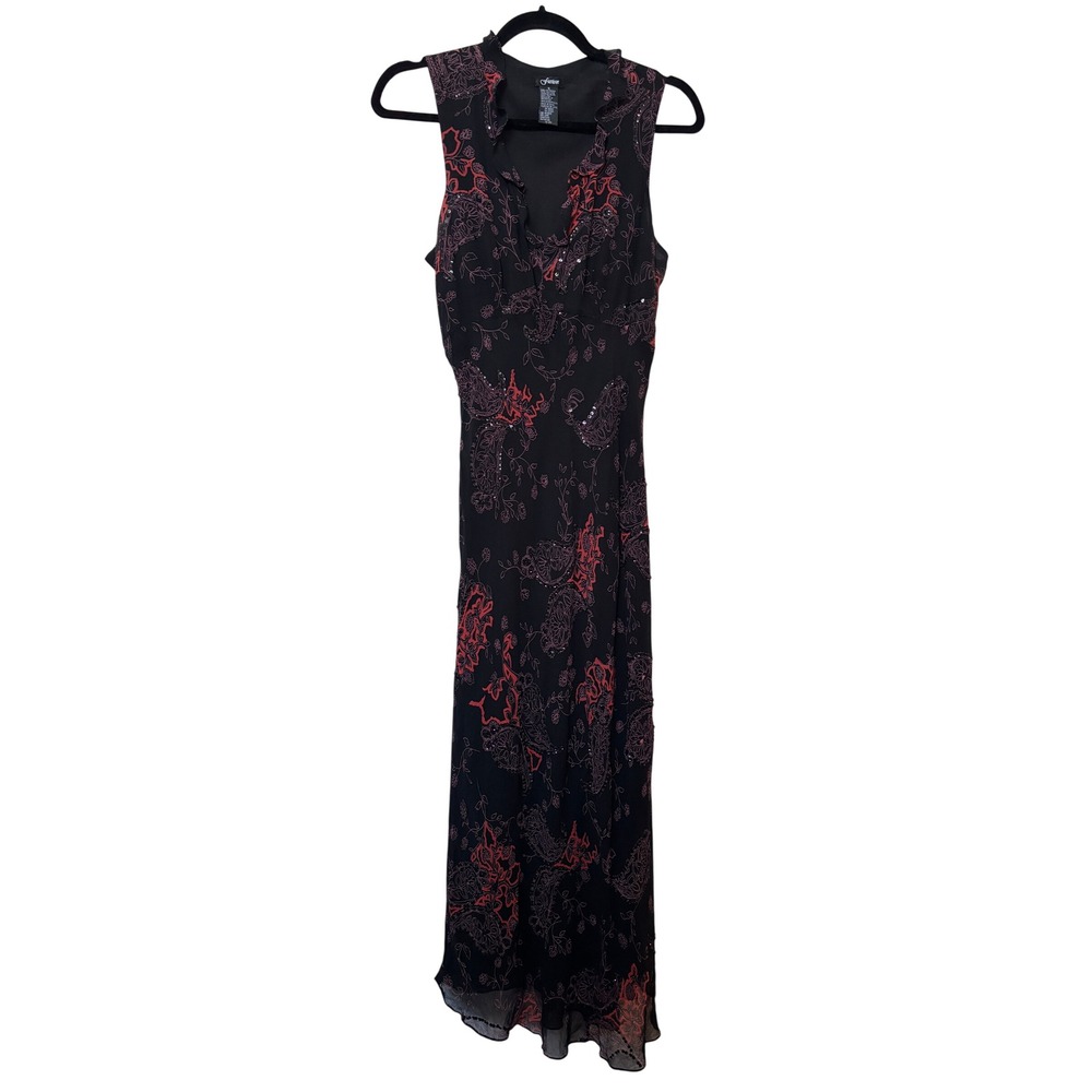 Y2K Fusion 100% Silk Maxi Dress Black Red Paisley Floral Sequin Ruffle V-Neck